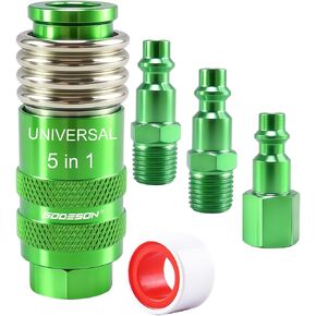 GODESON 4-Piece 1/4" NPT Air Hose Fittings, 5-in-1 Safety Universal Air Coupler and 3 Plugs, Accepts M V T A L Style Plugs, Steel/Aluminum, for Air Compressor Quick Connect Fittings with Teflon Tape in Kuwait