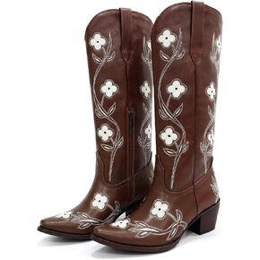 Etebella Women’s Knee High Cowboy Boots Embroidery Chunky Heel Cowgirl Boot | Floral Embroidery Long Boot, Snip Toe Western Shoes, Side Zipper, Block Heel Tall Boots,Country, Concert, Daily Wear in Kuwait