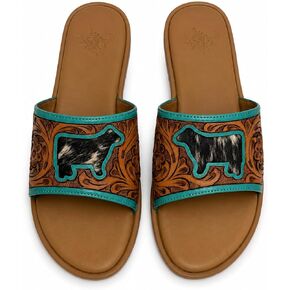 Western Slide Sandals for Women, Tan Slip On Flat Sandals with Turquoise Trim, Animal Patch, Tooled Floral Strap, Cushioned Footbed, Boho Open Toe Summer Slides in Kuwait