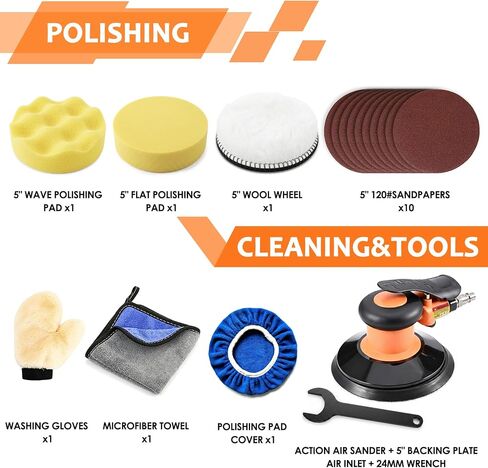5-inch Pneumatic Random Orbital Sander Set, Dual-Action (DA) Pneumatic Handheld Sander, Low-Noise, Low-Vibration, Suitable for Auto Body Repair, Car Detailing, Woodworking, and Metalworking in Kuwait