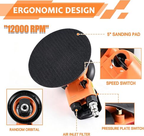 5-inch Pneumatic Random Orbital Sander Set, Dual-Action (DA) Pneumatic Handheld Sander, Low-Noise, Low-Vibration, Suitable for Auto Body Repair, Car Detailing, Woodworking, and Metalworking in Kuwait