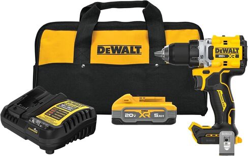 DEWALT Drill Set 20V MAX XR, 1/2 in. Brushless Cordless Drill Driver Kit With 5AH POWERSTACK Battery and Charger, LED Light, Dual Speed (DCD801H1) in Kuwait