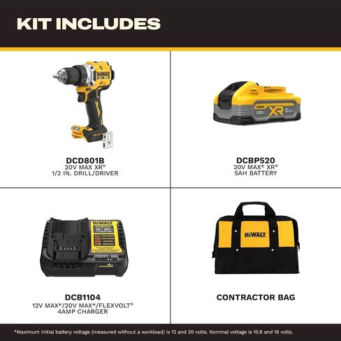 DEWALT Drill Set 20V MAX XR, 1/2 in. Brushless Cordless Drill Driver Kit With 5AH POWERSTACK Battery and Charger, LED Light, Dual Speed (DCD801H1) in Kuwait