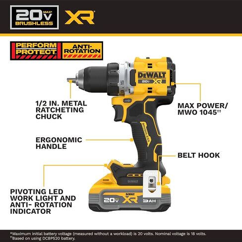 DEWALT Drill Set 20V MAX XR, 1/2 in. Brushless Cordless Drill Driver Kit With 5AH POWERSTACK Battery and Charger, LED Light, Dual Speed (DCD801H1) in Kuwait