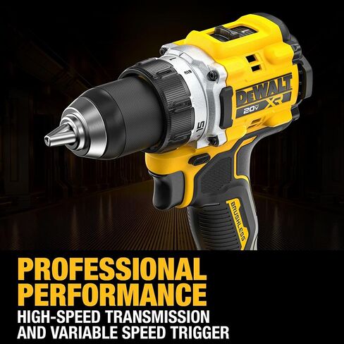 DEWALT Drill Set 20V MAX XR, 1/2 in. Brushless Cordless Drill Driver Kit With 5AH POWERSTACK Battery and Charger, LED Light, Dual Speed (DCD801H1) in Kuwait
