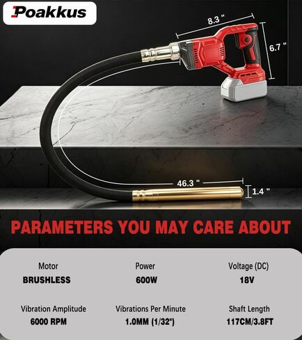 Cordless Concrete Vibrator, 800W Handheld Vibrating Tool with 3.6ft Flexible Shaft, 6000VPM Portable Vibrator for Air Bubble Removal (No Battery) in Kuwait