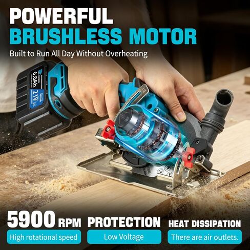 6" Cordless Circular Saw,6900 RPM Power Wood Saw with 2 X 6.0Ah Batteries, 6" Alloy Blade, 2.2"(90°)1.5"(45°) Max Cutting Depth,Portable Table Saw for Wood,Home Renovation in Kuwait