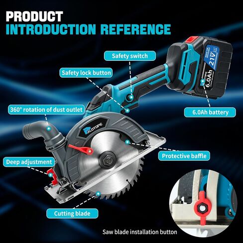 6" Cordless Circular Saw,6900 RPM Power Wood Saw with 2 X 6.0Ah Batteries, 6" Alloy Blade, 2.2"(90°)1.5"(45°) Max Cutting Depth,Portable Table Saw for Wood,Home Renovation in Kuwait