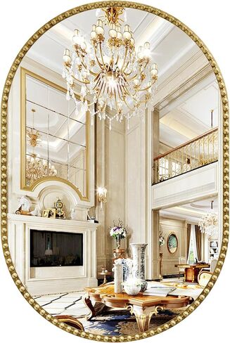Oval Mirror for Wall, 20x30 Inch Gold Oval Bathroom Mirror, Antigue Gold Vanity Mirrors, Metal Floral Frame Mirror for Bedroom Living Room Hallway, Hangs Horizontally or Vertically in Saudi Arabia
