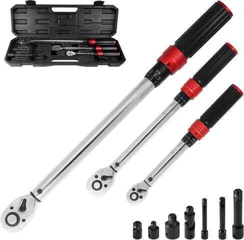 10Pcs Torque Wrench Set, 1/4 3/8 1/2 Inch Drive, Torque Range 2-210 Nm, ±3% Accuracy, 72 Tooth Reversible Ratchet, with Extension Bar, Socket Adapter, Universal Joint for Bicycle Motorcycle Car Repair in Kuwait