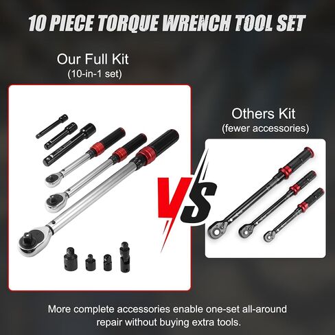 10Pcs Torque Wrench Set, 1/4 3/8 1/2 Inch Drive, Torque Range 2-210 Nm, ±3% Accuracy, 72 Tooth Reversible Ratchet, with Extension Bar, Socket Adapter, Universal Joint for Bicycle Motorcycle Car Repair in Kuwait