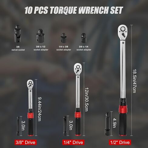 10Pcs Torque Wrench Set, 1/4 3/8 1/2 Inch Drive, Torque Range 2-210 Nm, ±3% Accuracy, 72 Tooth Reversible Ratchet, with Extension Bar, Socket Adapter, Universal Joint for Bicycle Motorcycle Car Repair in Kuwait