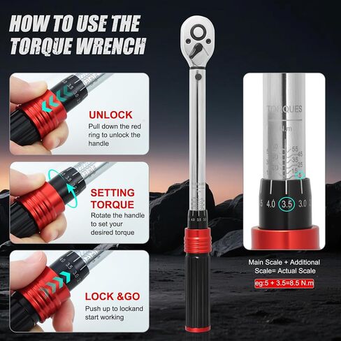 10Pcs Torque Wrench Set, 1/4 3/8 1/2 Inch Drive, Torque Range 2-210 Nm, ±3% Accuracy, 72 Tooth Reversible Ratchet, with Extension Bar, Socket Adapter, Universal Joint for Bicycle Motorcycle Car Repair in Kuwait