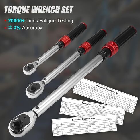 10Pcs Torque Wrench Set, 1/4 3/8 1/2 Inch Drive, Torque Range 2-210 Nm, ±3% Accuracy, 72 Tooth Reversible Ratchet, with Extension Bar, Socket Adapter, Universal Joint for Bicycle Motorcycle Car Repair in Kuwait
