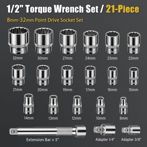 1/2-Inch Drive Click Torque Wrench Set – 15–165 ft-lb / 20–220 Nm, ±3% Precision, Dual Scale, Reversible Head for Car, Tire, and Motorcycle Use in Kuwait