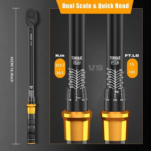1/2-Inch Drive Click Torque Wrench Set – 15–165 ft-lb / 20–220 Nm, ±3% Precision, Dual Scale, Reversible Head for Car, Tire, and Motorcycle Use in Kuwait