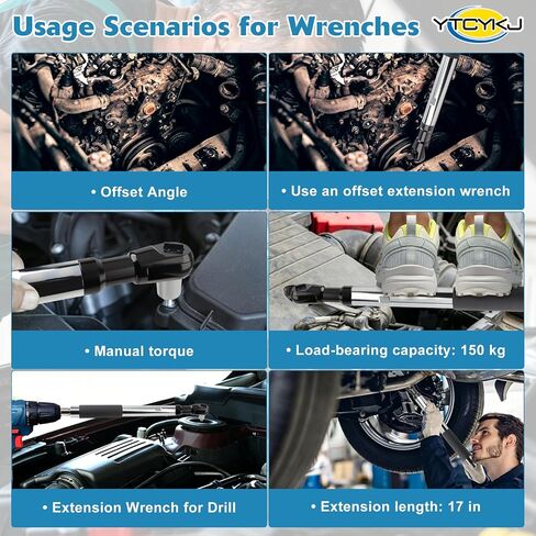 Offset Extension Wrench for Drill - 1/2" Offset Extension Wrench Impact | with Versatile 3/8", 1/4" Socket Adapters, Heavy-Duty Ratchet Extender for Tight Spaces, High Torque & Hard-to-Reach Bolts in Kuwait