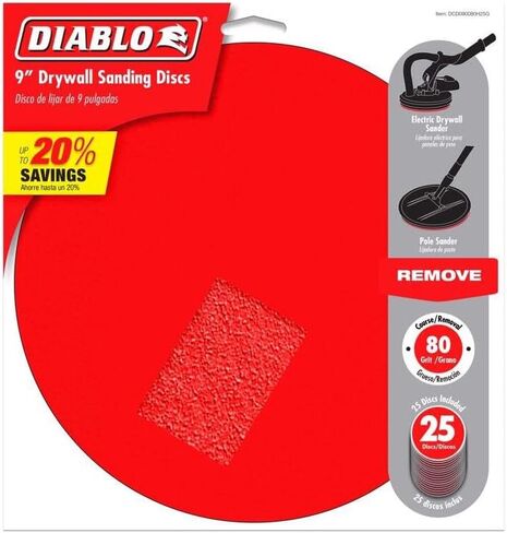 Diablo Hook & Lock ROS Sanding Discs for Drywall - Smooth Finish, Clog-Free Sanding - 9", 80 Grit, Coarse, Aluminum Oxide Blend, 25-Pack - DCD090080H25G in Kuwait