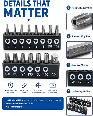 14-Piece Security Torx Bit Set, 1/4" Hex Shank Tamper Proof Torx Bit Set (T5-T40), Premium CR-V Steel Torx Security Bit Set with AD Connector & 2 Storage Sleeves for Auto and Electronics Repair in Kuwait