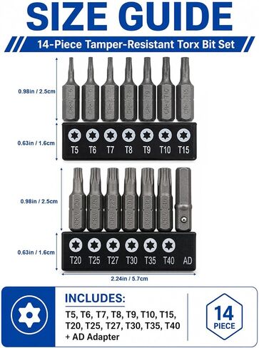 14-Piece Security Torx Bit Set, 1/4" Hex Shank Tamper Proof Torx Bit Set (T5-T40), Premium CR-V Steel Torx Security Bit Set with AD Connector & 2 Storage Sleeves for Auto and Electronics Repair in Kuwait