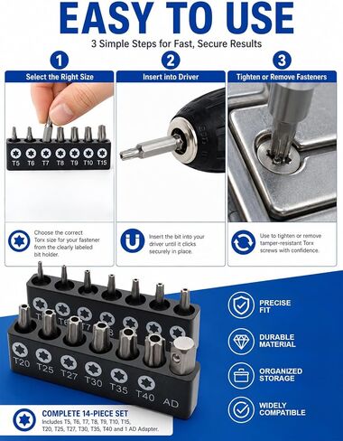 14-Piece Security Torx Bit Set, 1/4" Hex Shank Tamper Proof Torx Bit Set (T5-T40), Premium CR-V Steel Torx Security Bit Set with AD Connector & 2 Storage Sleeves for Auto and Electronics Repair in Kuwait