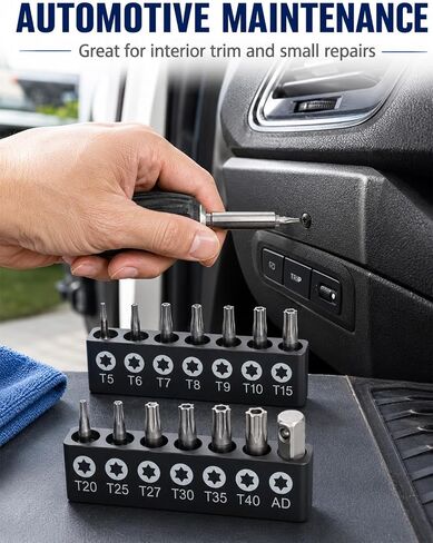 14-Piece Security Torx Bit Set, 1/4" Hex Shank Tamper Proof Torx Bit Set (T5-T40), Premium CR-V Steel Torx Security Bit Set with AD Connector & 2 Storage Sleeves for Auto and Electronics Repair in Kuwait