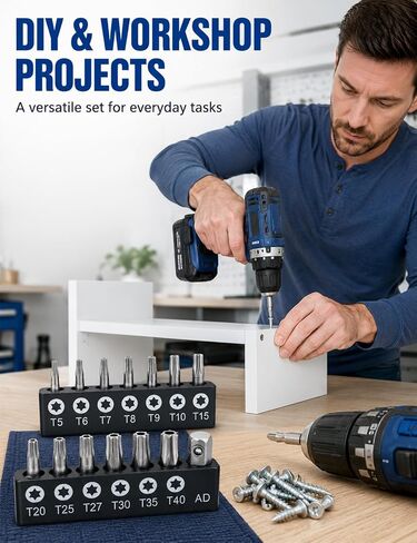 14-Piece Security Torx Bit Set, 1/4" Hex Shank Tamper Proof Torx Bit Set (T5-T40), Premium CR-V Steel Torx Security Bit Set with AD Connector & 2 Storage Sleeves for Auto and Electronics Repair in Kuwait