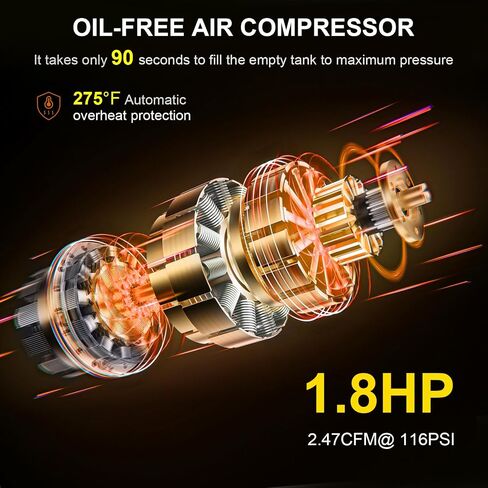 CIRONBOW 8 Gallon Ultra Quiet Air Compressor 70dB,1.8HP Oil Free 116 PSI, 2.47 CFM @ 90 PSI, Heavy Duty Portable with Wheels for Garage, Workshop, Nail Gun, Woodworking, Spray Painting, Tire Inflation in Kuwait