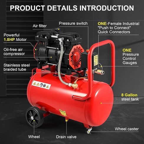 CIRONBOW 8 Gallon Ultra Quiet Air Compressor 70dB,1.8HP Oil Free 116 PSI, 2.47 CFM @ 90 PSI, Heavy Duty Portable with Wheels for Garage, Workshop, Nail Gun, Woodworking, Spray Painting, Tire Inflation in Kuwait