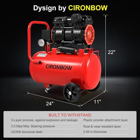CIRONBOW 8 Gallon Ultra Quiet Air Compressor 70dB,1.8HP Oil Free 116 PSI, 2.47 CFM @ 90 PSI, Heavy Duty Portable with Wheels for Garage, Workshop, Nail Gun, Woodworking, Spray Painting, Tire Inflation in Kuwait