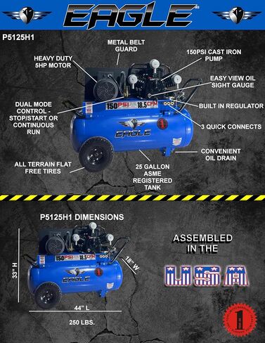 Eagle P5125H1 Electric Air Compressor, 25-Gallon, Horizontal Portable Single Stage, 18.5 CFM, 5 HP,150 PSI Max in Kuwait