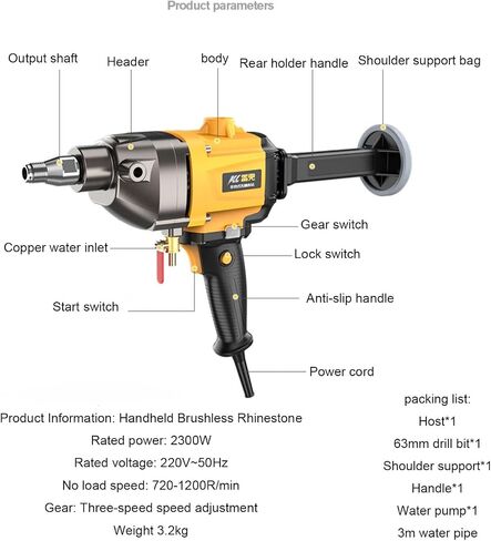 Core Drilling Machine, with 63mm Drill Bit, 2000W Wet Handheld Electric Core Drill, Brushless Motor, Double Clutch, 3-Speed Speed Regulation, for Concrete Brick Block Stone in Kuwait