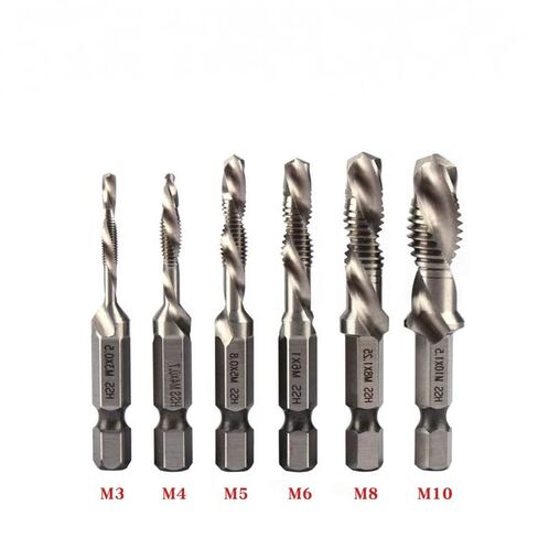 3-in-1 Combination Tap Drill Bit Set 6 Pieces, Hex Shank Spiral Machine Tap, Silver Short Type for Drilling and Tapping in Kuwait