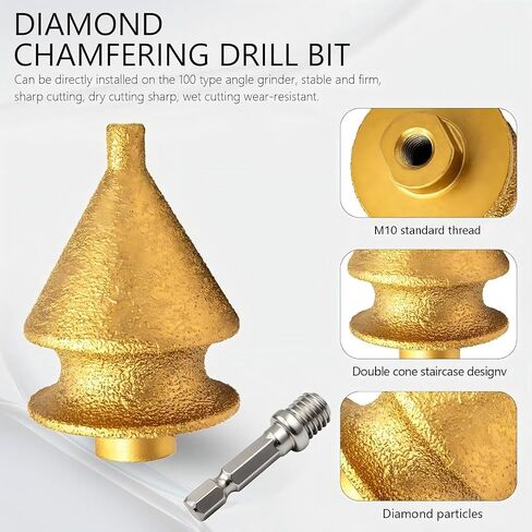 4-in-1 Diamond Chamfer Bit with M10 Hex Shank Adapter, 10-50mm Enlarging & Trimming Tool for Angle Grinder, Vacuum Brazed Diamond Grinding Wheel for Tile Marble Granite Ceramic Beveling & Hole Repair in Kuwait