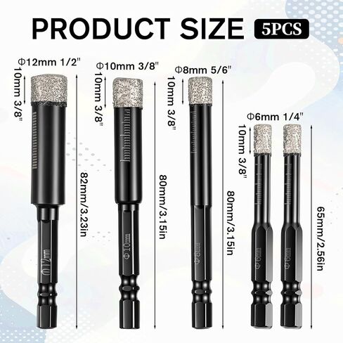 5 Pcs Diamond Drill Bits for Glass, 1/4 5/16 3/8 1/2 Inch Diamond Tip Drill Bit Tile Drills Bits for Ceramic, Tile, Glass, Granite, Marble, Brick & Stone in Kuwait