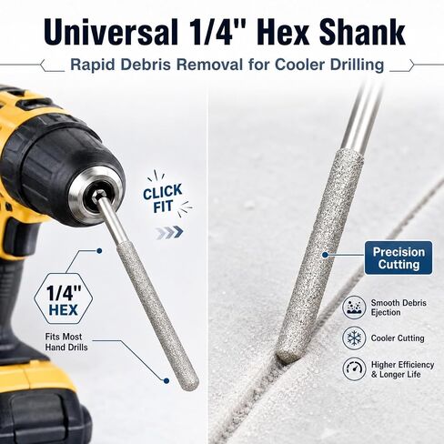 Tondiamo 10 Piece Diamond Drill Bits for Tile, Porcelain, Granite, Marble, and Countertop, 1/4 Inch Hex Shank for Rotary Tools, Industrial Grade #36 Diamond Grit with Carbon Steel Body in Kuwait