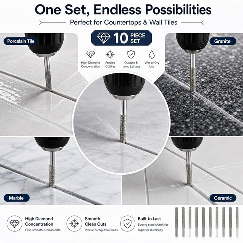 Tondiamo 10 Piece Diamond Drill Bits for Tile, Porcelain, Granite, Marble, and Countertop, 1/4 Inch Hex Shank for Rotary Tools, Industrial Grade #36 Diamond Grit with Carbon Steel Body in Kuwait