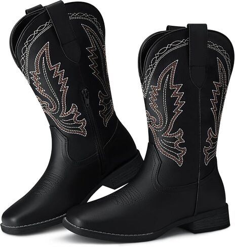SHIBEVER Women's Western Cowboy Boots: Square Toe Comfortable Wide Mid-Calf | Embroidered Pull-On Dress Cowgirl Boots with Arch Support for Theme Party & Country Concert in Kuwait