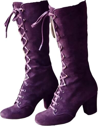 Faux Suede Mid-Calf Height Boots for Women, 2026 Casual Lace up Chunky High Heels Boot Winter Warm Vintage Gothic Boots Shoes in Kuwait