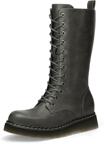 Athlefit Women's Lace-Up Combat Boots for Fall/Winter, Non-Slip Platform Mid Calf Boots with Inside Zipper, Comfortable & Stylish for Work, Costume or Everyday Wear in Kuwait