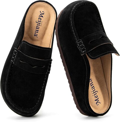 Genuine Leather Clogs for Women's Cork Footbed Sandals Leather Mules Memory Foam Arch Support Cork Footbed Black Shoes with Arch Support in Kuwait