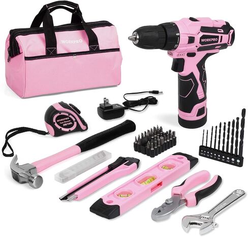 WORKPRO 12V Pink Cordless Drill Driver and Home Tool Kit, Hand Tool Set for DIY, Home Maintenance, 14-inch Storage Bag Included - Pink Ribbon in Kuwait