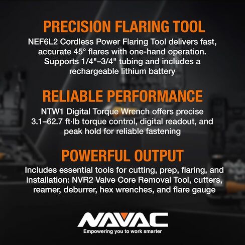 NAVAC NKS3 Mini-Split Tool Kit - Complete HVAC Installation Set with Cordless Flaring Tool, Digital Torque Wrench, Valve Core, Tube Cutters, Deburrer, Flare Gauge & Portable Carry Bag in Kuwait