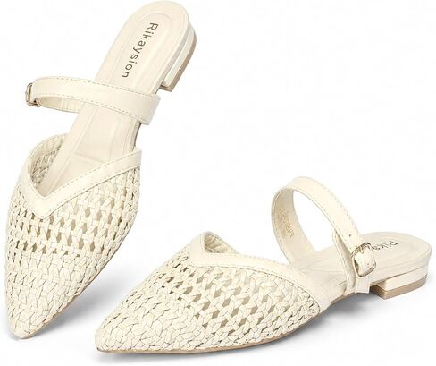 Mules for Women Pointed Toe Woven PU Flats with Adjustable Strap Comfortable Slip On Dressy Loafers Breathable Cutout Shoes in Kuwait