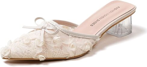 Women’s Fashion Mules – Pointed Toe Slip-On Block Heel Shoes, Lace & Mesh Upper, Casual Dress Heels for Work, Party, Wedding in Kuwait