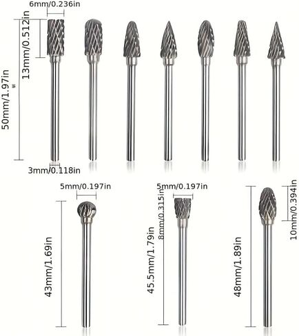 10 PCS Double Cut Rotary Burr Set, Carbide Grinding Bit, Tungsten Steel Carving Tool, 1/8 Inch Hex Shank Design, Wear Resistant Rotary File Accessories for Woodworking, Metal Engraving, Drilling in Kuwait