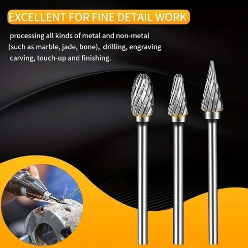10 PCS Double Cut Rotary Burr Set, Carbide Grinding Bit, Tungsten Steel Carving Tool, 1/8 Inch Hex Shank Design, Wear Resistant Rotary File Accessories for Woodworking, Metal Engraving, Drilling in Kuwait