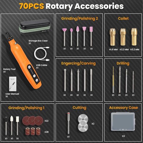 Mini Cordless Rotary Tool, 5-Speed 3.7V Rechargeable Rotary Tool Kit with 68 Accessories, Type-C Charging & LED Light with Hard Case for Sanding, Polishing, Drilling, Etching, Engraving, DIY Crafts in Kuwait