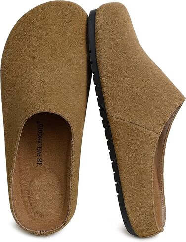 EVELLYHOOTD French Style| Genuine Suede Clogs for Women | Arch Support Cork Footbed Leather Mules, Slip-On Indoor/Outdoor Shoes in Kuwait