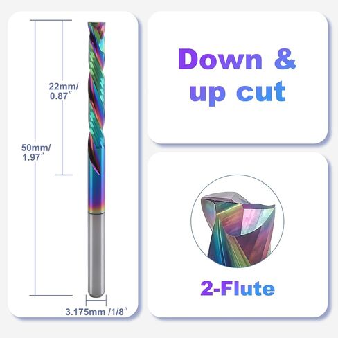 5 Pcs Compression Router Bits 1/8 Inch Shank | 2 Flute Up Down Cut End Mill, CNC Carbide Milling Cutter with DLC Coating for Engraving Milling 3D Sculpturing Roughing in Kuwait